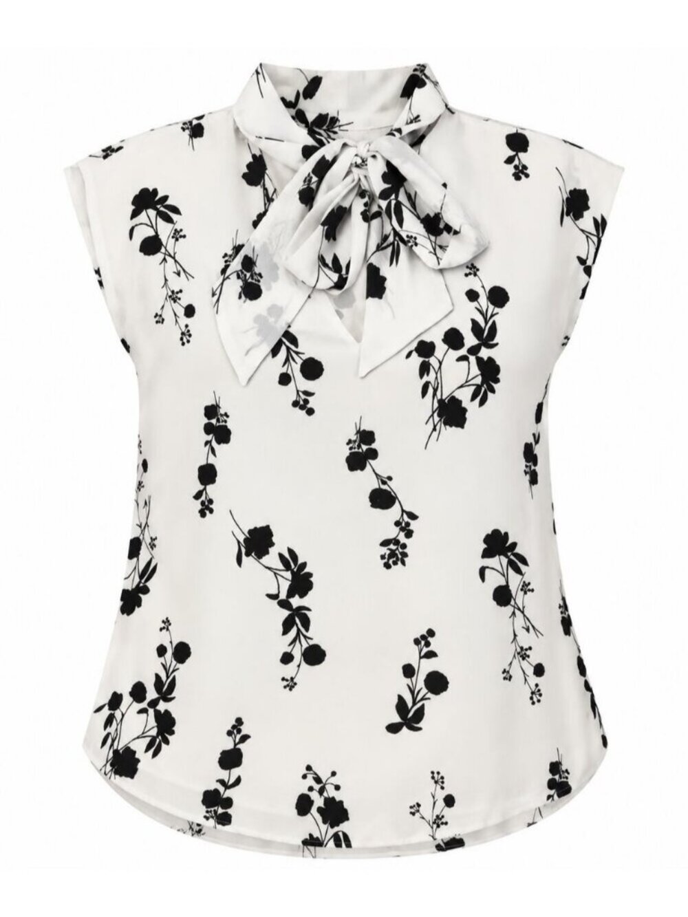 Ann Taylor XL White Black Floral Tie Neck Blouse Sleeveless Bow Office Chic
